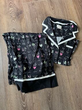Black Cocktail Print Pajama Set with Pink & Green Accents